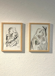 links: "mutter.kind", Graphit auf Papier, 21x 29,7 cm, - rechts: "gefäß", Graphit auf Papier, 21x 29,7 cm, 2025, Foto: Markus Redert